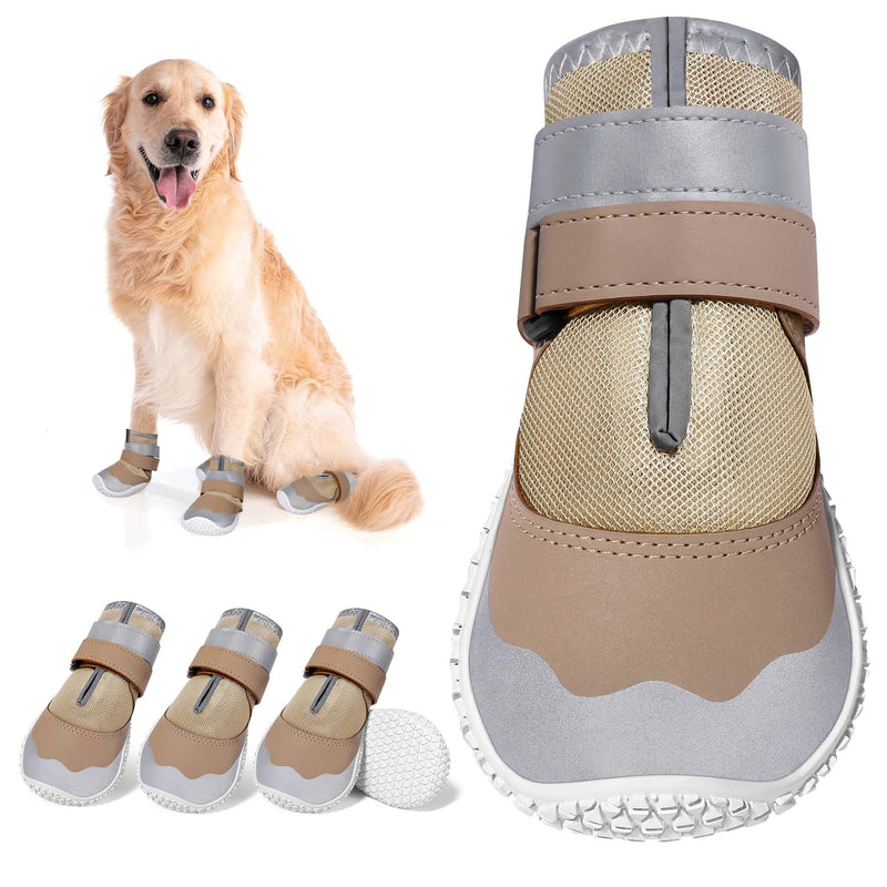 DcOaGt Dog Shoes Large Size Dogs,Mesh Breathable Dog Boots & Paw Protectors for Hot Pavement Summer Winter Snow, 360°Anti-Slip Dog Booties with Reflective Strips for Hiking/Walking,Khaki 4PCS(Size 8) Khaki-Reflective