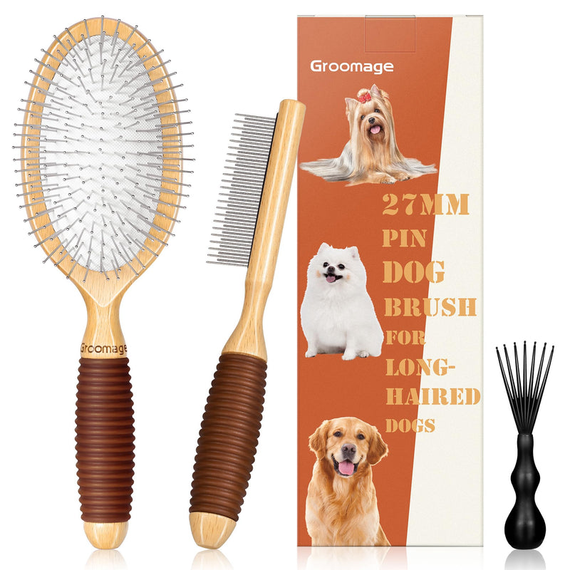 Dog Brush for Long Haired Dogs, 27mm Extra Long Metal Pin Dog Deshedding Brush and Comb Set, Short Haired Shedding Grooming Detail Pets Brush Set with Rubber Handle Set-3 Pcs - PawsPlanet Australia