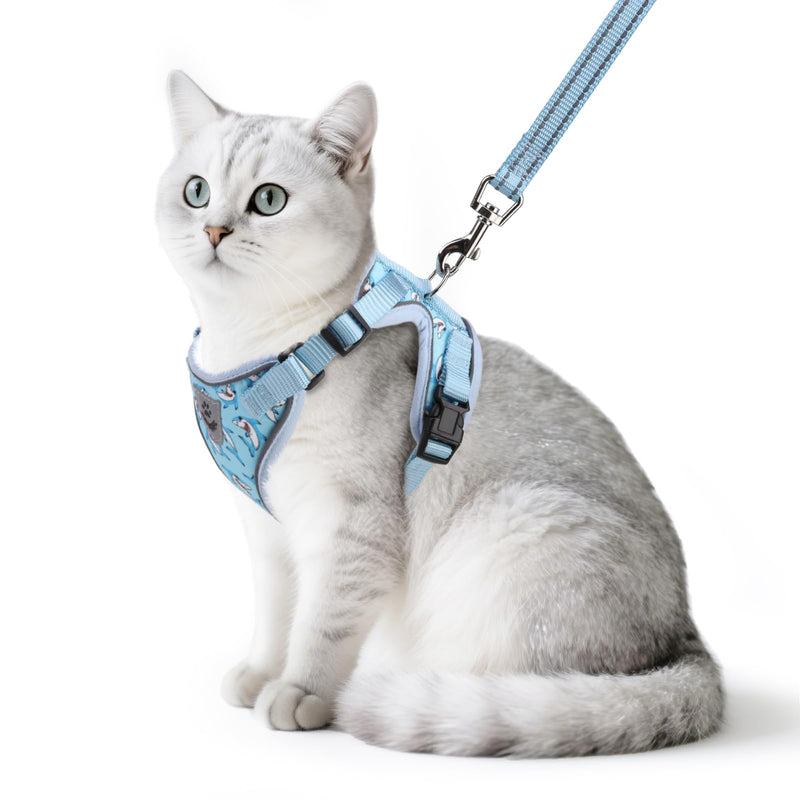 PUPTECK Cat Harness and Leash Set Escape Proof Reflective Cat Walking Harness Adjustable Soft Breathable Mesh Vest for Small Pets, Blue Sharks, S S (NECK 9.5"-11", CHEST 13"-16") - PawsPlanet Australia