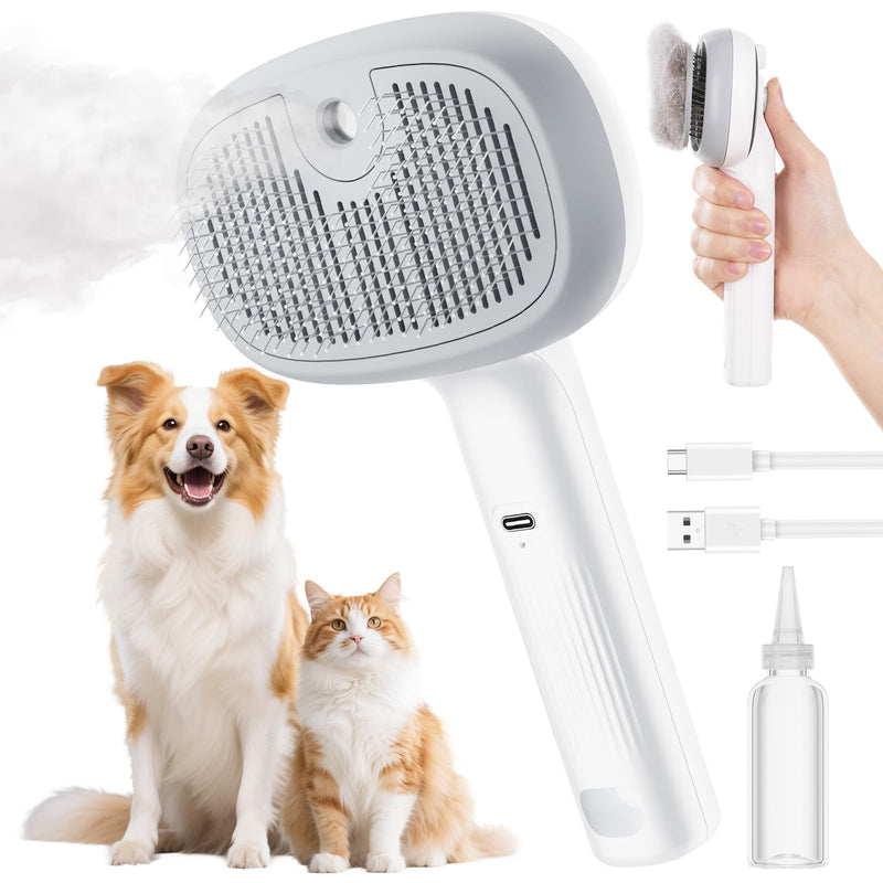 Pecute Steam Cat Brush, Self-Cleaning Cat Steam Brush with 2 Water Spray Modes, Large Capacity Tank, Dog Brush for Shedding Massaging Grooming, Cool Mist Only White - PawsPlanet Australia