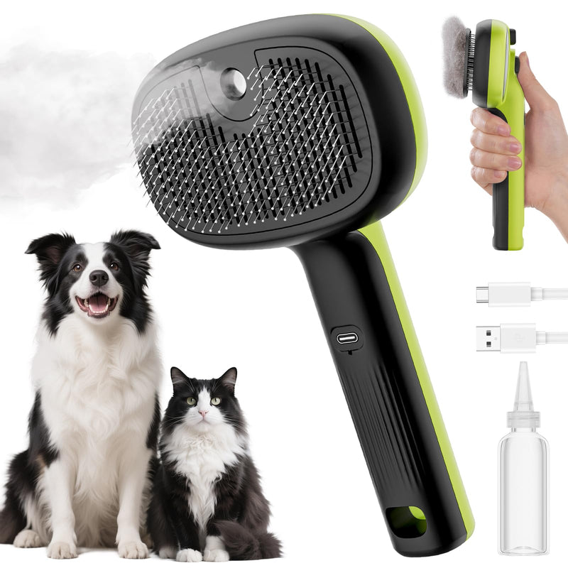 Pecute Cat Steam Brush, Self-Cleaning Steam Cat Brush with 2 Water Spray Modes, Large Capacity Tank, Steaming Renu Dog Brush for Shedding Massaging Grooming, Cool Mist Only Cool Mist-Green