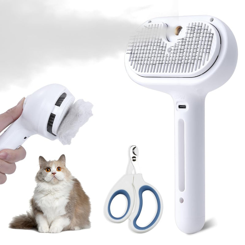 Cat Steam Brush with Release Button, Pet Spray Brushes for Shedding & Grooming, Mist Comb for Pet Long Short Haired, Steamy Brush for Cats Removing Loose Fur and Massage (White) White - PawsPlanet Australia