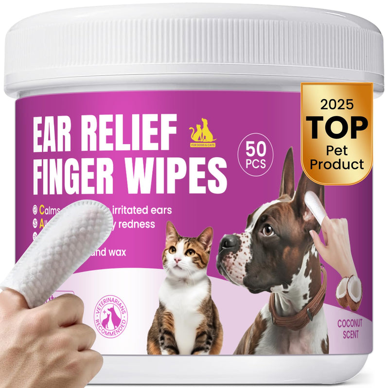 Pet Ear Cleaning Finger Wipes for Dogs & Cats - Dog Ear Cleaner with Aloe, Coconut Oil & Ginseng - Finger Dog Ear Wipes to Relieve Ear Itching, Infections, Wax & Smelly Ears - 50 Ct - Coconut Scent - PawsPlanet Australia