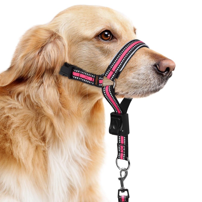 BARKLESS Soft Nylon Dog Head Collar for Large Medium Dog, Reflective Padding Head Halter for Training, Adjustable Muzzle Leash No Pulling, Jumping, Nose Leash Ideal for Walking (Pink, XL) Pink XL (Snout 12-14¼") - PawsPlanet Australia