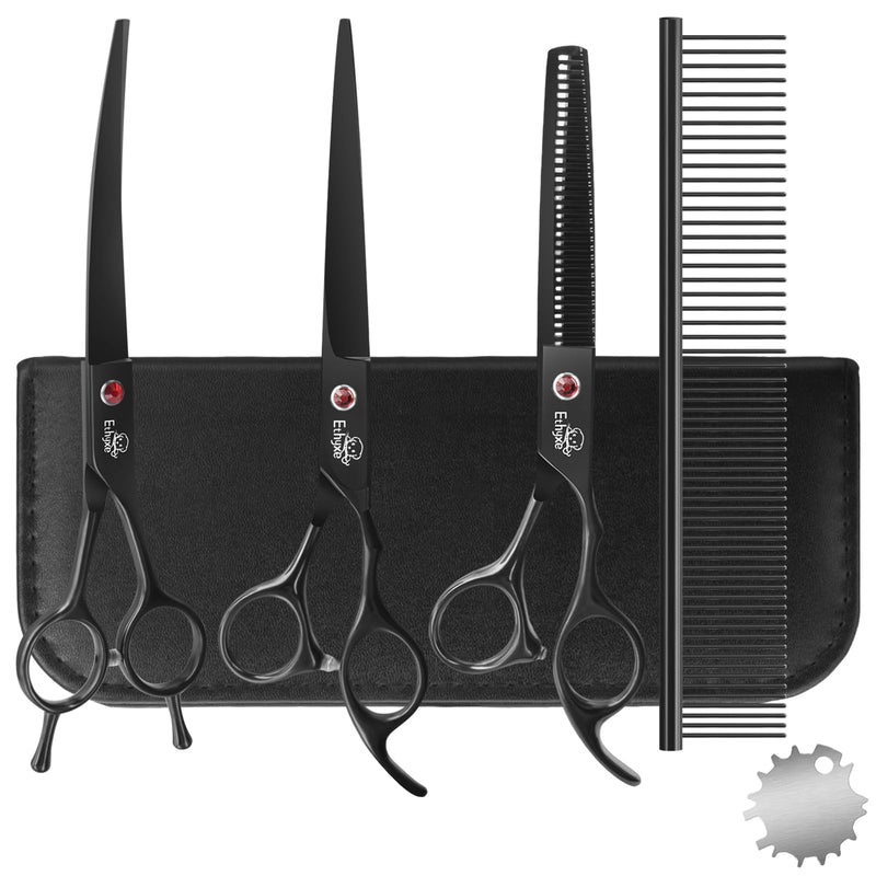 7.0" Professional Dog Grooming Scissors Kit – 3-Piece Set with Straight, Curved & Thinning Shears, Black Japanese Stainless Steel, Includes Grooming Comb for Dogs & Cats - PawsPlanet Australia