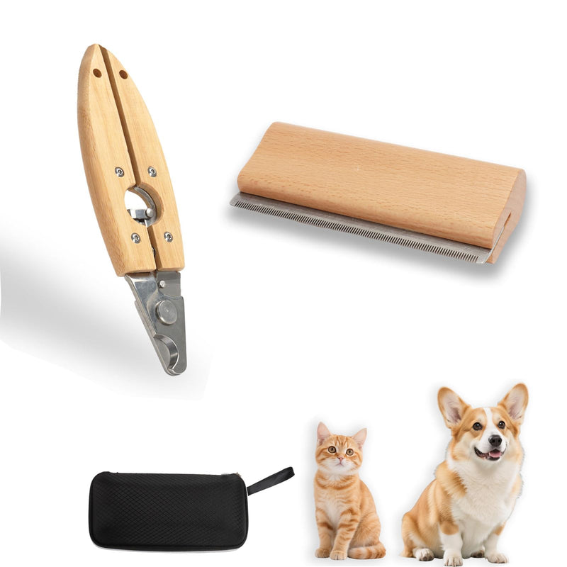 Natural Wooden Pet Grooming Kit 2-in-1 Dog Deshedding Tool and Cat Nail Clipper Gentle & Painless Fur Brush and Secure Paw Nail Trimmer for Small Medium Large Pets (Includes storage box) 5/6.5 Inch - PawsPlanet Australia