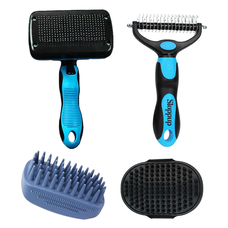 Dog Brush Kit for Grooming Short & Long Haired Dogs & Cats, 4-in-1 Pet Grooming Set with Self-Cleaning Slicker Brush, Deshedding Tool, Shampoo Bath Comb, Massge Comb (Blue Black) Blue Black - PawsPlanet Australia