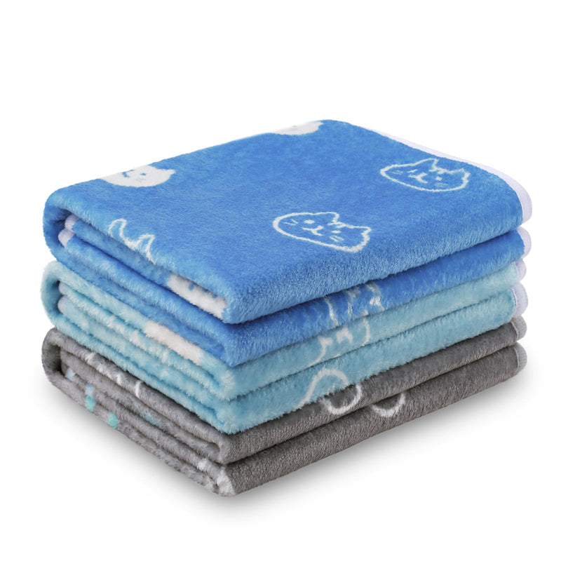 1 Pack 3 Blankets Super Soft Fluffy Premium Cute Cat Pattern Pet Blanket Flannel Throw for Dog Puppy Kitten Blue/Cyan/Grey Large(41x31 inch) 41x31 inch (Pack of 3) - PawsPlanet Australia