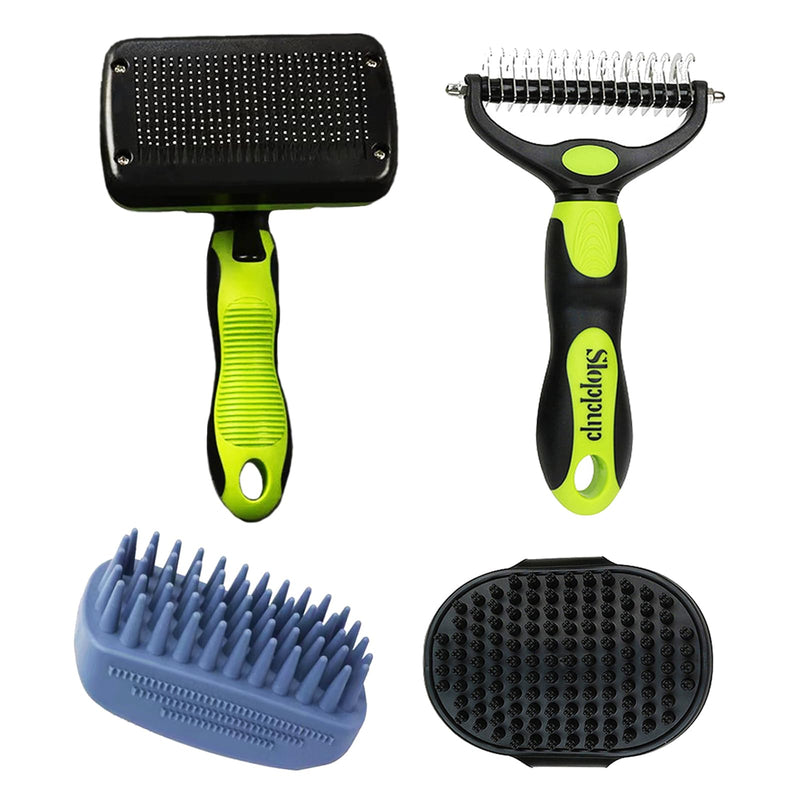 Dog Brush Kit for Grooming Short & Long Haired Dogs & Cats, 4-in-1 Pet Grooming Set with Self-Cleaning Slicker Brush, Deshedding Tool, Shampoo Bath Comb, Massge Comb (Green Black) Green Black - PawsPlanet Australia