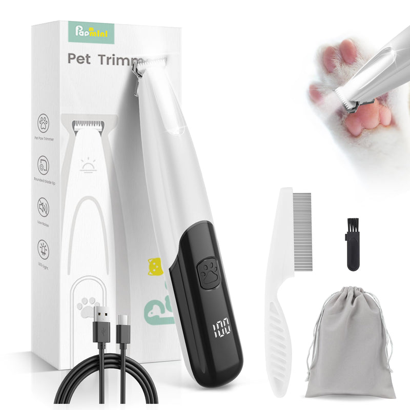 Dog Paw Trimmer with LED Light, 35dB Low Noise Paw Trimmers for Dog's Feet, 2 Speed Safety Electric Dog Clippers for Grooming, Rechargeable Cat Shaver for Paws, Ears, Face, Rump White - PawsPlanet Australia