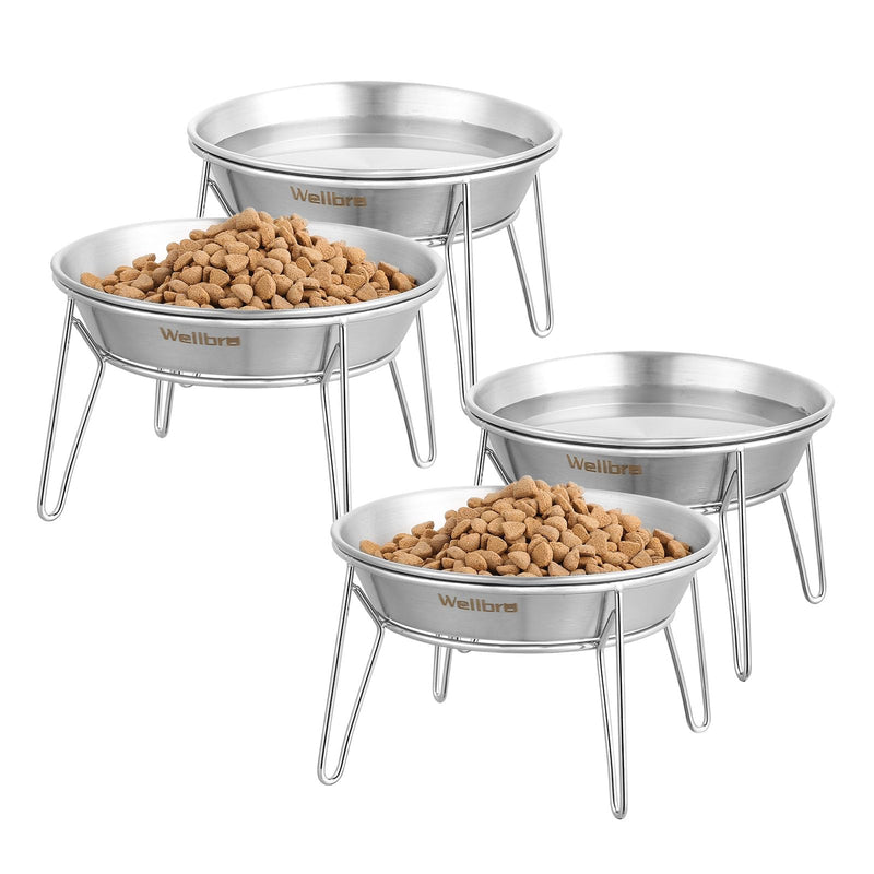 Cat Food Bowls, 4 Pcs Stainless Steel Cats Food and Water Whisker Fatigue Shallow Dishes, Small Dog Puppies Fat Faced Cat Kitten Supplies (4 Pack Raised Bowls) 4 pack raised bowls - PawsPlanet Australia