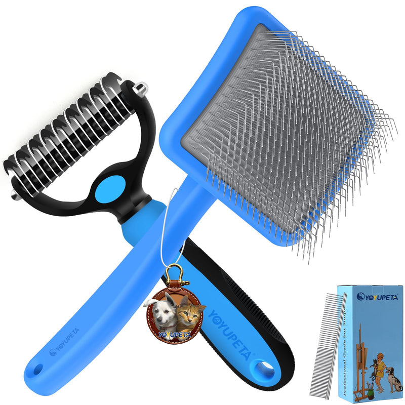 Large Slicker Brush for Dogs - 3PC Pet Grooming Kit - Undercoat Rake & Stainless Comb | Long Pins Remove Mats on Poodles, Golden, Labradoodles | Thick Coat Deshedder for Dogs, Cats, Blue - PawsPlanet Australia