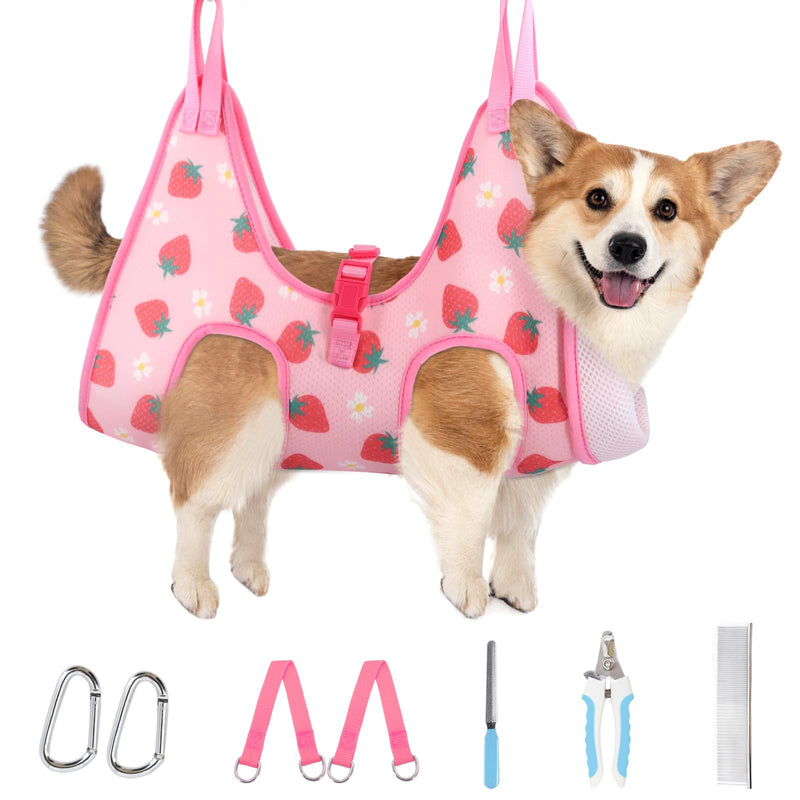 Supet Dog Grooming Hammock, New Small Sling for Nail Trimming, Back Protect Hanging Harness for Claw Care, Dog Nail Trimming Restraint with Thick Fabric M（ Legs Spacing：9"-12.5" / Max W：50LBS ） Strawberry - PawsPlanet Australia