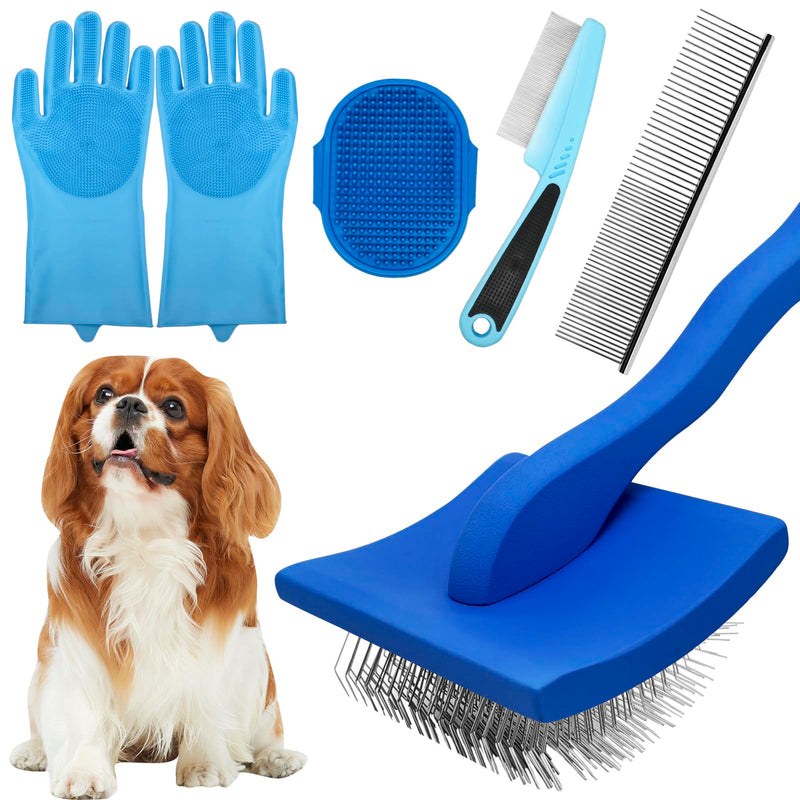 Dog Grooming Brush Set – 5-Piece Kit for Medium & Long-Haired Dogs | Includes Long Pin Brush, Flea Comb, Bath Glove, Silicone Glove, Metal Comb | For Poodles, Huskies & More (Blue) - PawsPlanet Australia