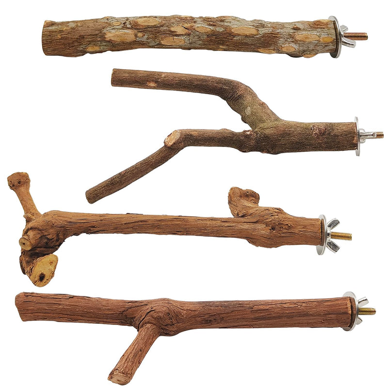 4 Pcs Natural Wooden Bird Perch Parrot Stand, 2 Grape Wood Perches, A Stand Fork Standing Branch, A Paw Grinding Fork, Bird Cage Accessories for Parakeets, Birdcage Sticks & Toys for Budgies, Finches