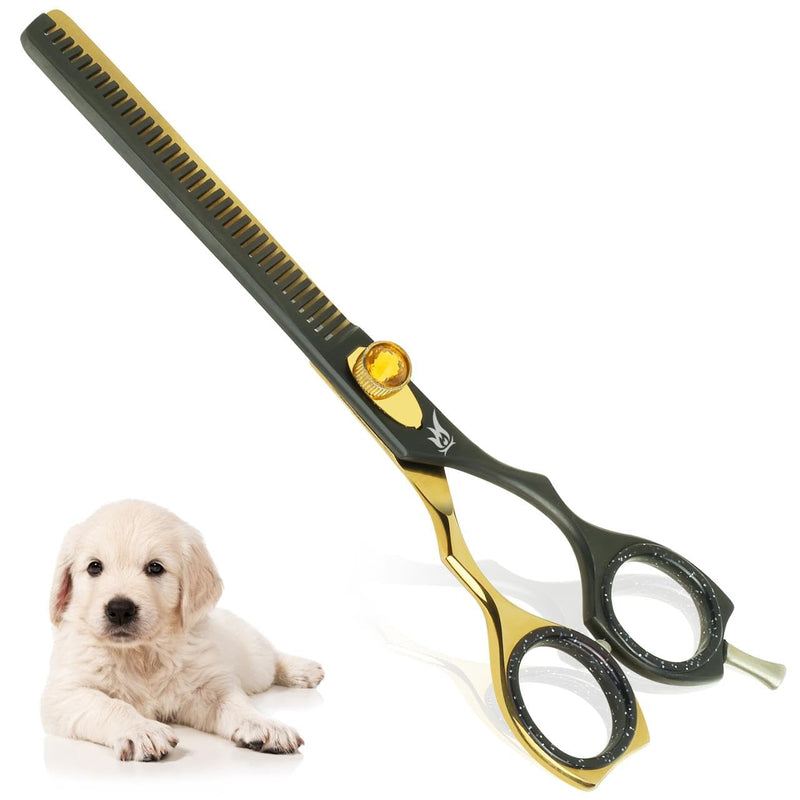 Dog Grooming Scissors – 7.5” Thinning Shears with 34 Teeth, Chunkers for Dogs & Cats, Precision Cut with 440C Stainless Steel, Designed for Groomers and Pet Owners Golden/Black Thinning Scissors - PawsPlanet Australia