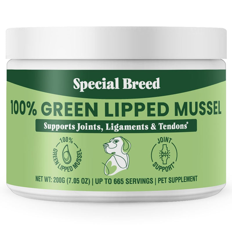 Special Breed Green Lipped Mussel Powder for Dogs & Cats - 100% New Zealand Green Lipped Mussels - Natural Hip & Joint Supplement for Joints, Tendons, Ligaments, Muscles - 200 Grams - 665 Servings