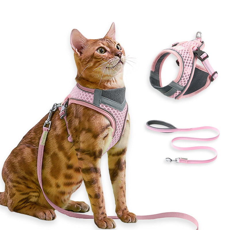 Cat Harness and Leash Set for Comfortable Outdoor Walking, Escape Proof, Adjustable Soft Kitten Vest Harness with Reflective Strip for Cats, Small Dogs (Pink, S) Pink - PawsPlanet Australia