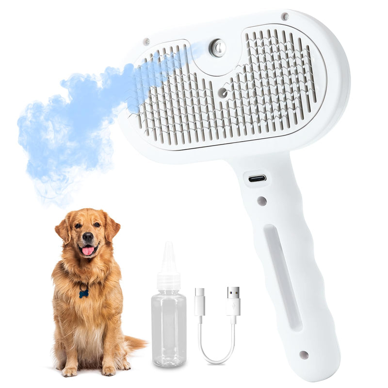 Steam Dog Brush for Shedding & Grooming - Self-Cleaning Deshedding Brush with Spritz Function, Slicker Pet Spray Hair Removal Comb | Defurring Tool for Long and Short Haired Dogs Cats (White) White - PawsPlanet Australia