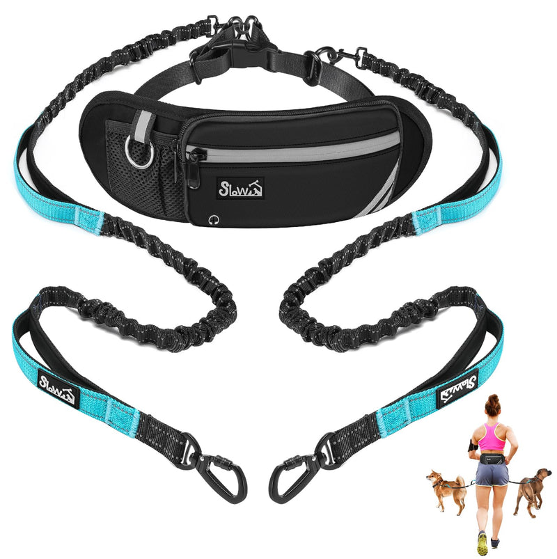 Hands Free Dog Leash for 2 Dogs, Adjustable Waist Belt with Zipper Pouch, Dual Handle Retractable Elastic Bungee with Reflective Stitches for Medium and Large Dogs Training Running 2 Leashes