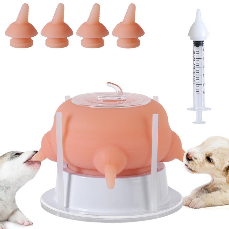Nursing Nipple Puppy Feeders for Multiple Puppies, 200ml Food-Grade Silicone with 4 Adjustable Detachable Nipples, Smooth Flow Nipple for Kitten Bottle Feeding Kit(Pink) Pink - PawsPlanet Australia