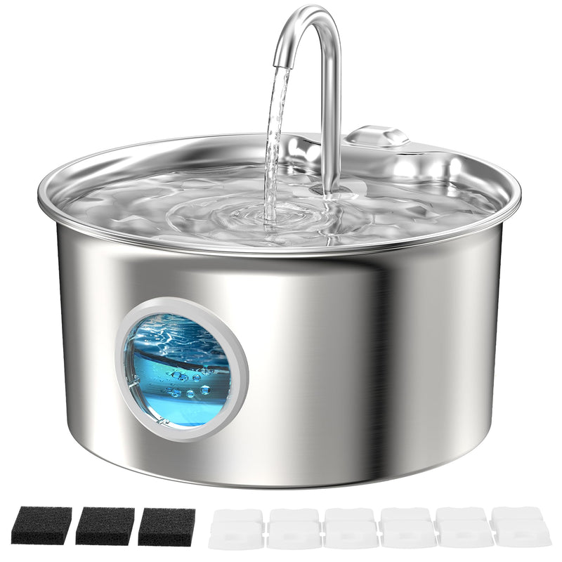 Stainless Steel Cat Water Fountain: Cat Fountain for Drinking - 88oz/2.6L Pet Water Fountain for Cats Inside- Silent Cats Water Bowl Dispenser - Kitty Drinking Fountains - 6 Filters + 3 Sponges Cat Fountain+6 Filters +3 Sponges - PawsPlanet Australia