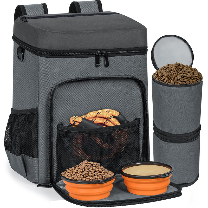 ANILD Dog Travel Backpack - Airline Approved Double-layer Pet Travel Bag Accessories with 2 Food Storage Bag and 2 Foldable Silicone Bowls for Hiking & Camping Dark Grey - PawsPlanet Australia