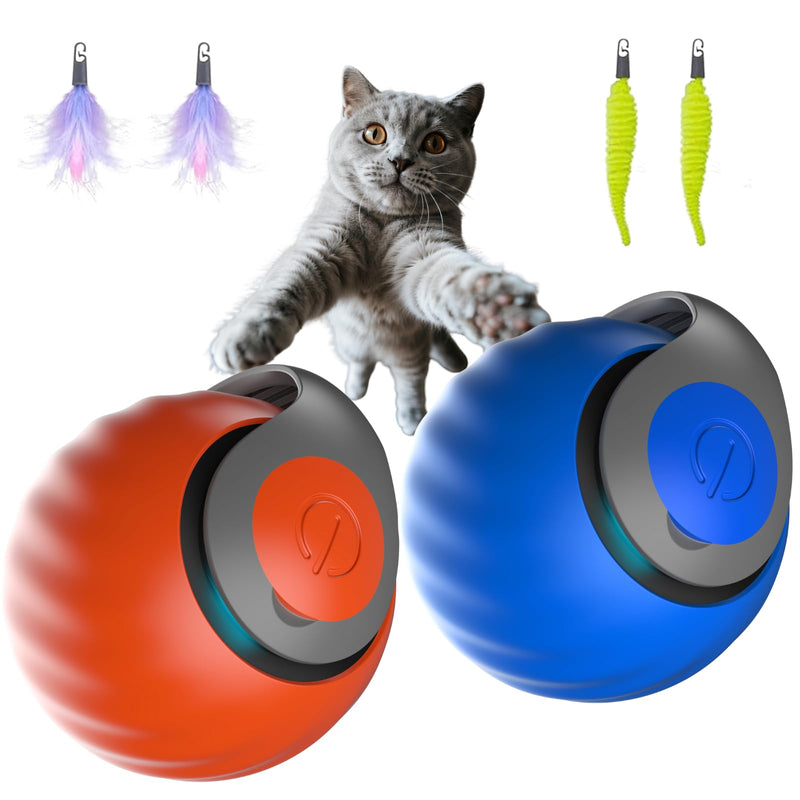 Interactive Cat Ball for Indoor Cats - Dual-Speed Automatic Rolling Ball Toy with 90Min Run Time, Plush + Feather Tails, Energetic Cat Chase Exercise, Blue/Orange, 1PC - PawsPlanet Australia