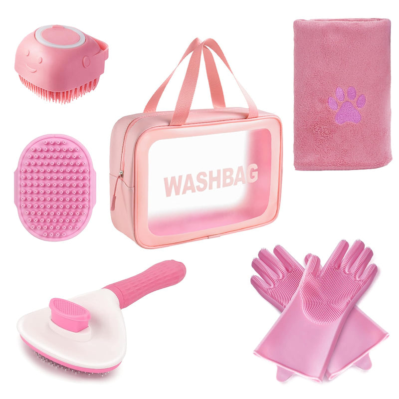 6PCS Pink Dog Washing Kit with Dog Brush, Shampoo Brush, Bath Scrubber,Washing Gloves, 39.7" × 20.5" Towel and Big Toiletries Bag. - PawsPlanet Australia