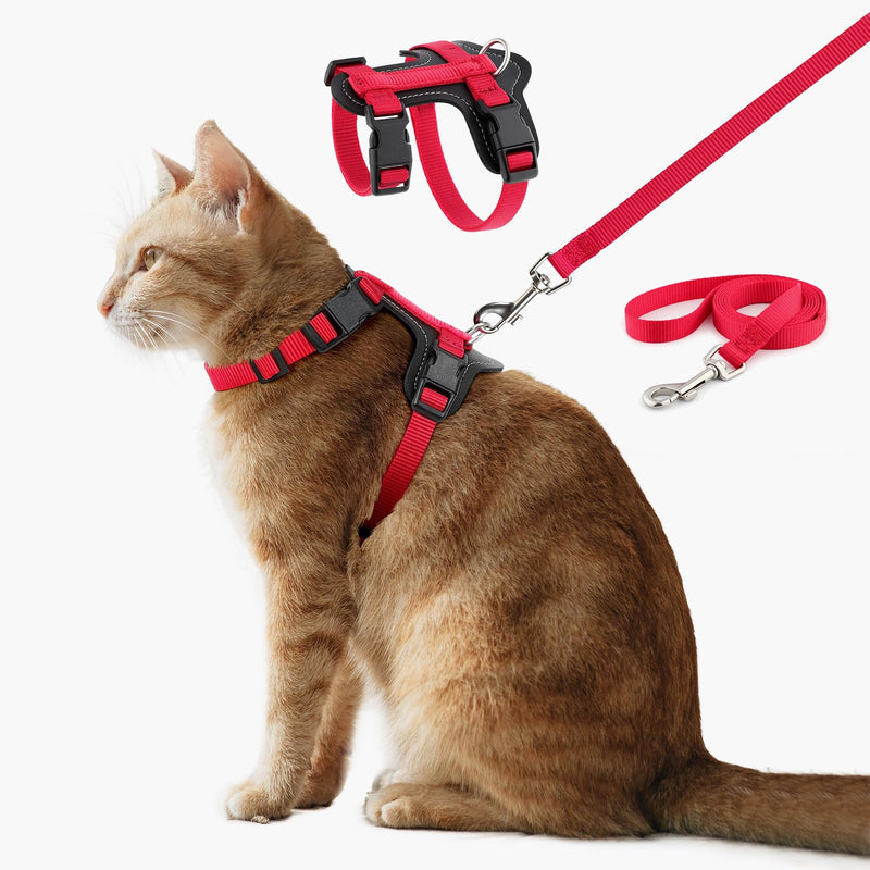 Plutus Pet Adjustable Cat Harness and Leash Set, Quick Release, Escape Proof Nylon Vest with Leather Trim for Kitten, Small Medium Large Cats, Red - PawsPlanet Australia