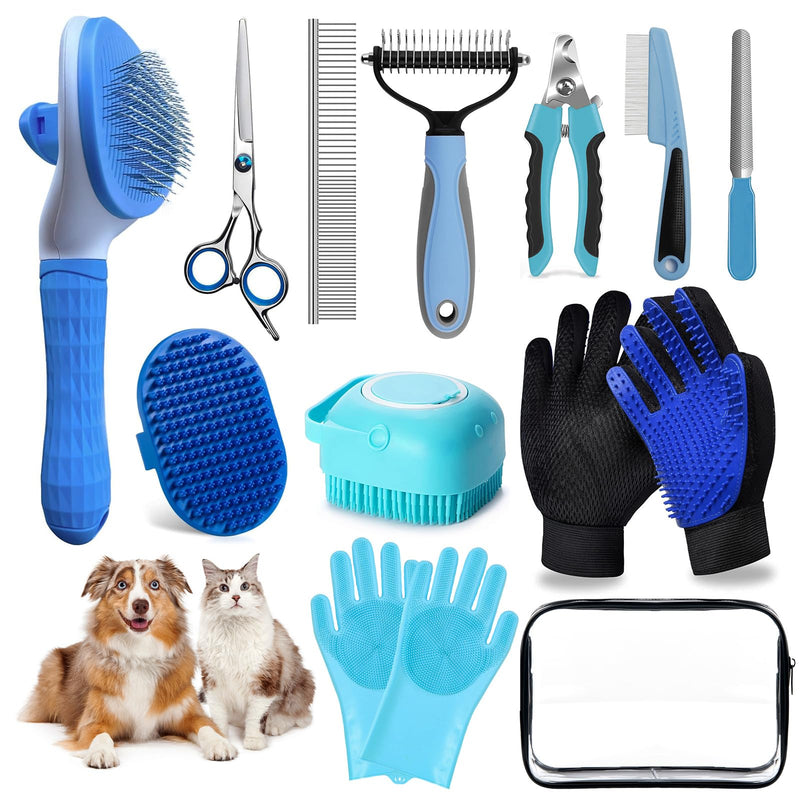 Dog Brush for Shedding 13pcs Bath Grooming Kit with Pet Nail Clipper and File - Dog Bath Brush Cat Grooming Supplies, Dematting Comb Bath Brush Shampoo Scrubber for Dogs and Cats Blue 13pcs - PawsPlanet Australia