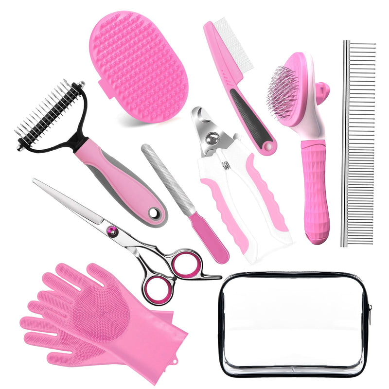 Bath Grooming Kit for Pets, 10pcs Dog Brush for Shedding with Dog Nail Clipper and Trimmer, Dog and Cat Grooming Supplies, Dematting Comb for Dogs, Pet Bath Supplies Pink 10pcs - PawsPlanet Australia