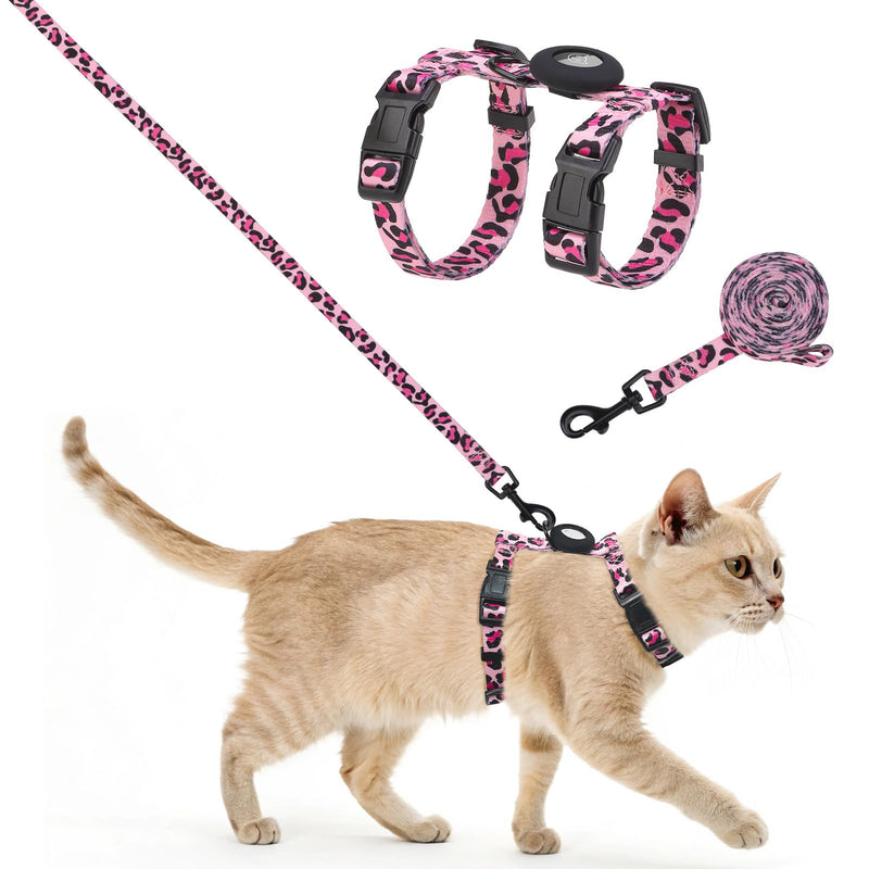 SCENEREAL Adjustable Cat Harness and Leash Set with AirTag Holder, Escape-Proof Design for Small to Large Cats, Lightweight Soft Travel Harness, Pink Leopard - PawsPlanet Australia