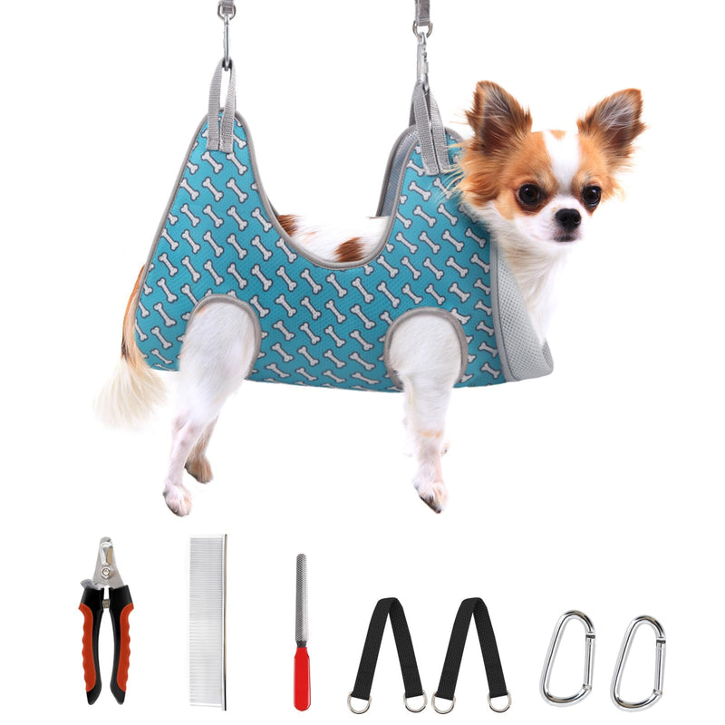 Supet Dog Grooming Hammock Harness for Dogs Cats, Relaxation Pet Nail Clipper Hammock, Restraint Dog & Small Animal Leashes Sling for Groomingk for Nail Trimming (Coral Blue, 2XS) 2XS（ Max 8 Lb：Leg space: 3.7"-8.7"） Coral Blue - PawsPlanet Australia