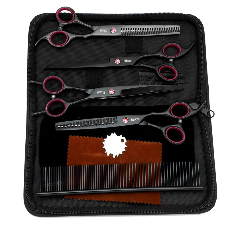 Professional Dog Grooming Scissors 4-Piece Set - Straight, Thinning, Curved Shears for Pets with Non-Slip Handles, Sharp Convex Blades & Travel Case (Black) - PawsPlanet Australia