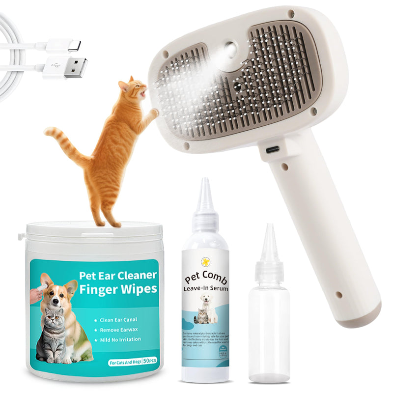 Cat Steam Brush, Dog Brush for Shedding, Pet Spray Hair Removal Comb, Pet Brush for Short & Long Hair, USB Rechargeable Grooming Supplies, Spritz Defur Comb with Finger Wipe for Teeth (White) Pet Brush+Shampoo+Wipes - PawsPlanet Australia