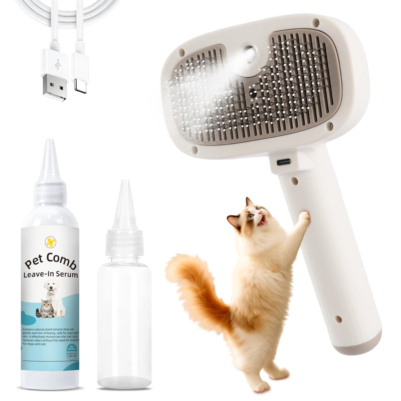 Cat Steam Brush, Dog Brush for Shedding, Pet Spray Hair Removal Comb, Pet Grooming Brush for Short & Long Haired Dogs & Cats,Spritz Defur Comb with Waterless Shampoo (White) Pet Brush+Shampoo - PawsPlanet Australia