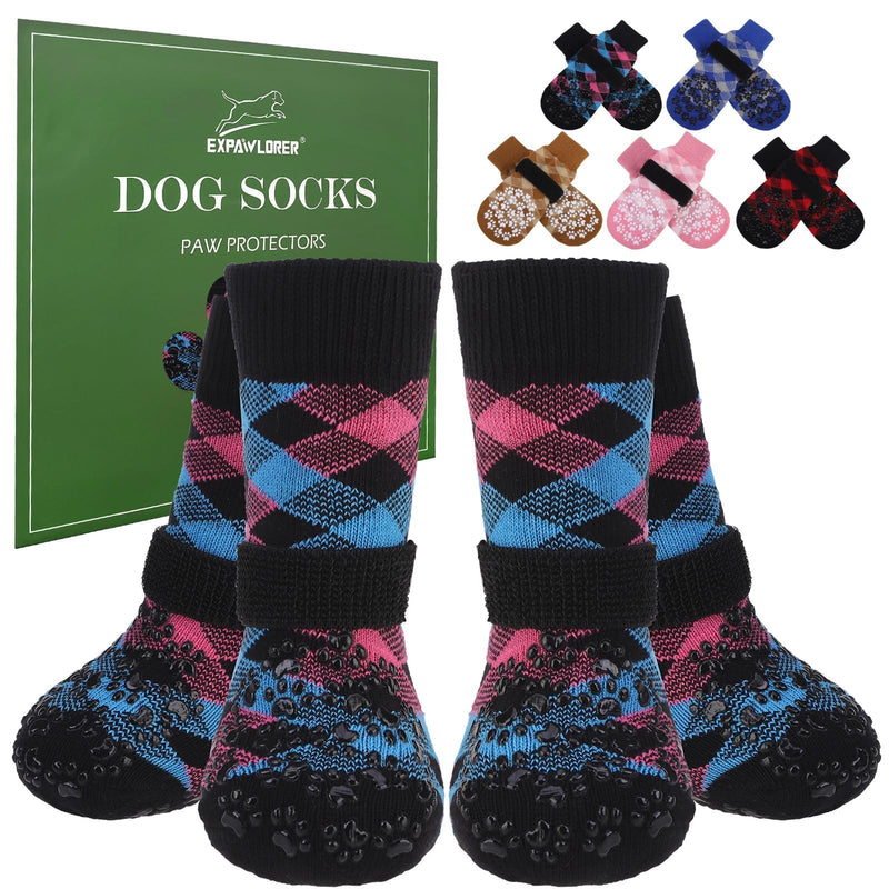 EXPAWLORER Dog Socks for Cold Winter Snow to Prevent Licking Paws, Anti Slip Doggie Booties Grippy Shoes for Hardwood Floors, Boots & Paw Protectors for Small Medium Large Senior Dogs Pink Blue M Pink&Blue - PawsPlanet Australia