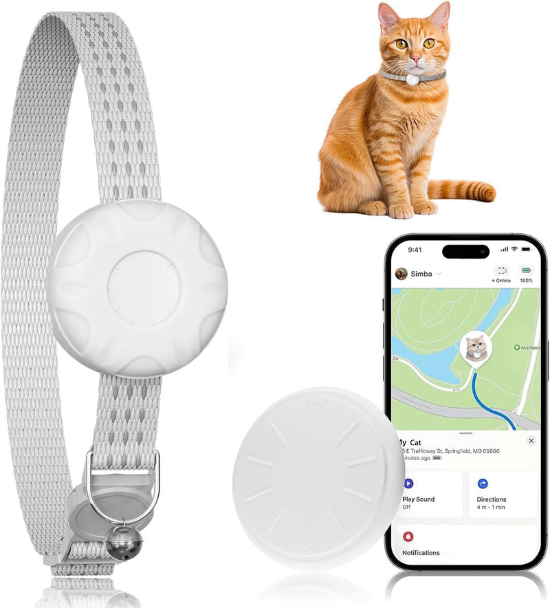 Cat Tracker, Cat Tracker Collar with Safety Elastic Buckle, Compatible with Apple Find My App (Only iOS), No Monthly Fee, Waterproof Pet Tracker for Cats, White - PawsPlanet Australia