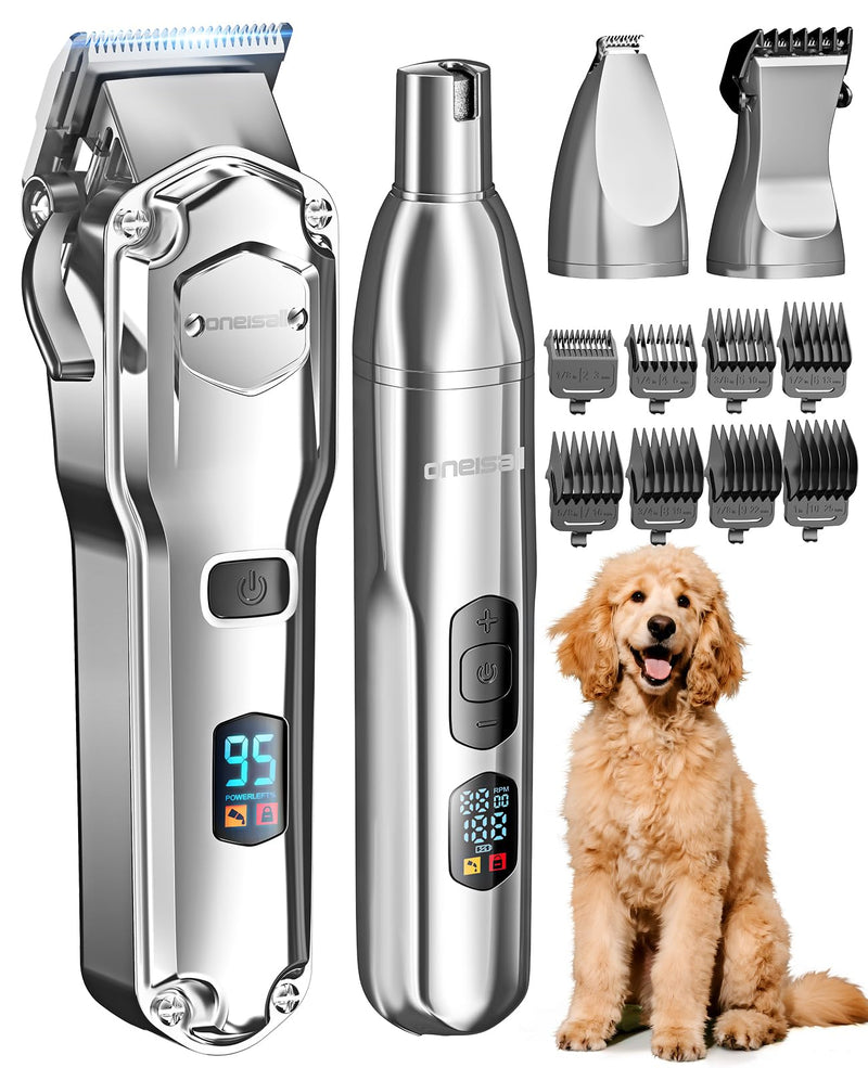 oneisall Dog Clippers for Grooming Thick/Heavy Coats, 4-in-1 Dog Grooming Kit Low Noise with Stainless Steel Blade, Cordless Dogs Paw Trimmer Pet Nail Grinder for Small & Large Dogs Cats Animals - PawsPlanet Australia