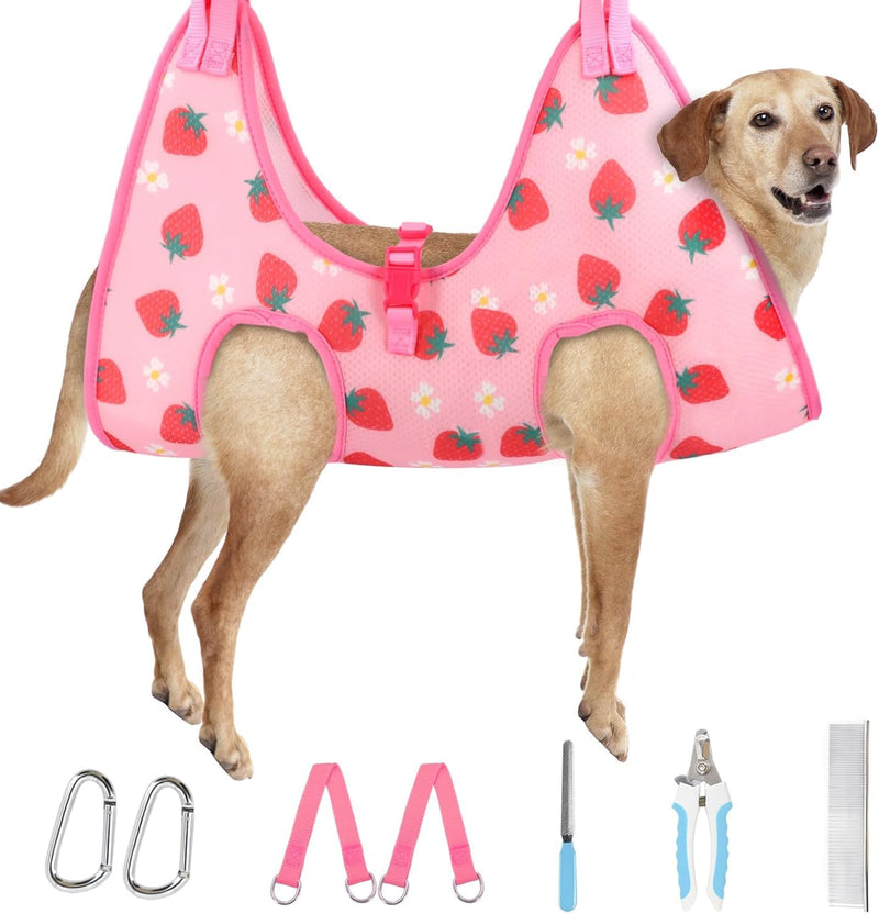 Supet Dog Grooming Hammock, Dog Hanging Harness for Nail Trimming Doorframe, Pet Holder Restraint for Clipping Nails, Pet Hoist Sling for Cutting Nails, Ear & Eye Cleaning, Medicine at Home (L) L（ Legs Spacing：10.8"-21.0" / Max W：45-60LBS） Strawberry - PawsPlanet Australia