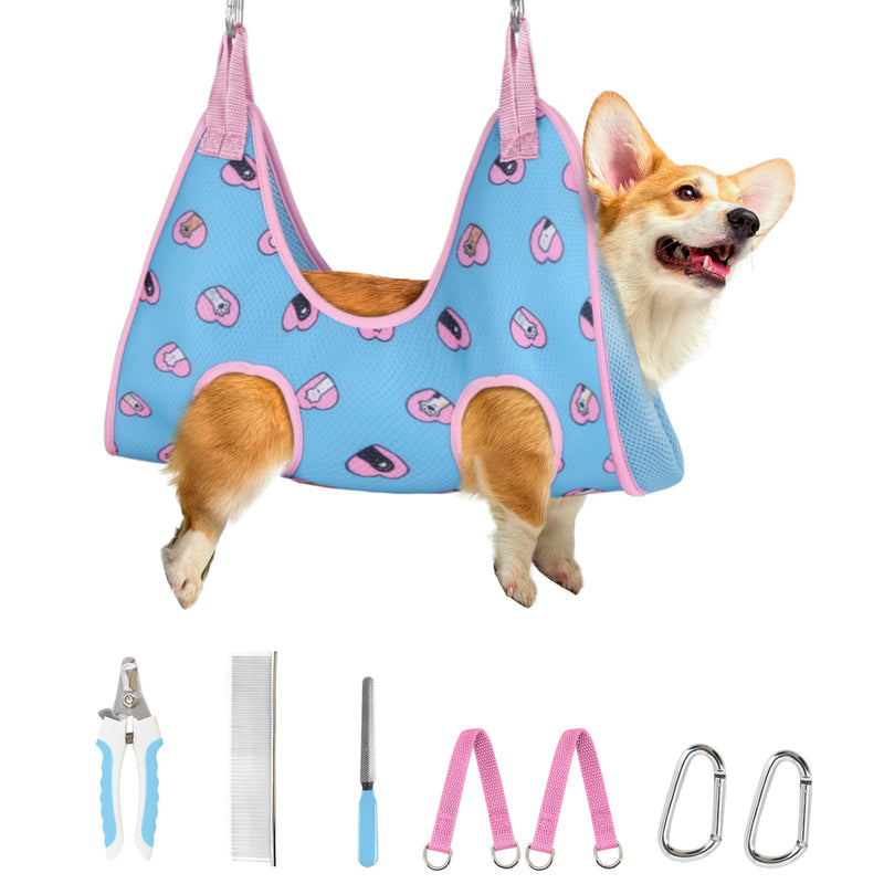 Supet Dog Grooming Hammock Harness for Dogs Cats, Relaxation Pet Nail Clipper Hammock, Restraint Dog & Medium Animal Leashes Sling for Groomingk for Nail Trimming (Blue-Love, M) M（ Max 48 Lb：Leg space: 6.3"-13.5"） Blue-love