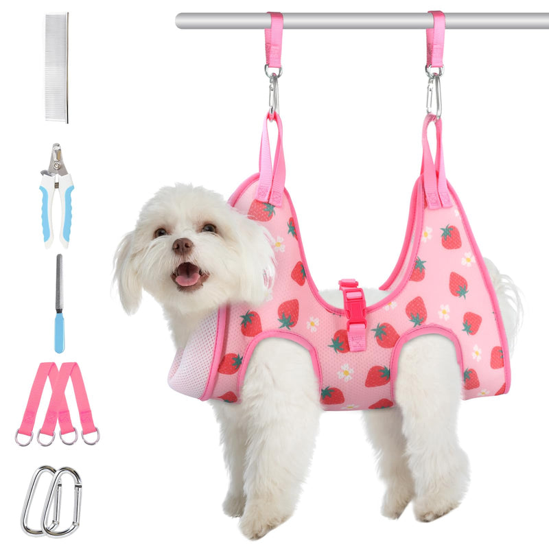 Supet Dog Grooming Hammock, Dog Hanging Harness for Nail Trimming Doorframe, Pet Holder Restraint for Clipping Nails, Pet Hoist Sling for Cutting Nails, Ear & Eye Cleaning, Medicine at Home (S) S（ Legs Spacing：5.2“-12.2" / Max W：14-30LBS） Strawberry - PawsPlanet Australia