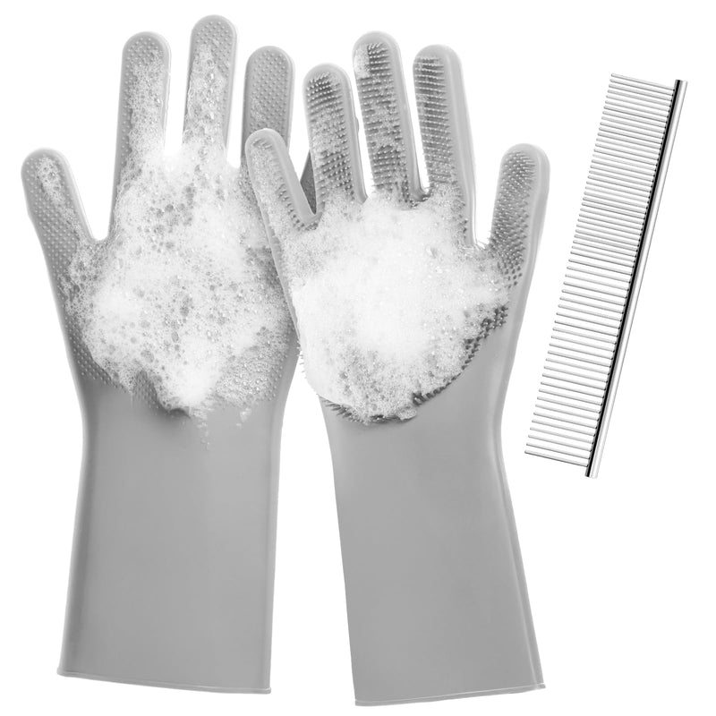 DELOMO Dog Washing Gloves with Comb: Soft and Gentle Silicone Pet Grooming Gloves - Bathing Scrubber Brush Mitt Grooming Shedding Fur Removal Massage for Dogs/Cats/Horse, Grey Large - PawsPlanet Australia