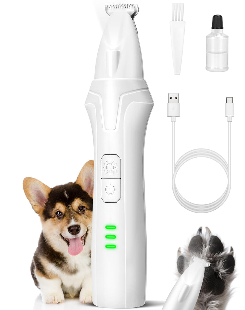 LEYOUFU Dog Paw Trimmer with LED Light, 2 Speed Low Noise Paw Trimmers for Dog's Feet, Cordless Electric Dog Clippers for Grooming Cat Hair Shaver for Paws, Ears, Face, Rump Small Areas(White) White - PawsPlanet Australia