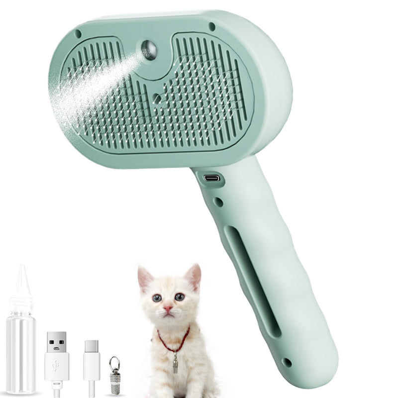 Cat Steam Brush, 3 In 1 Self Cleaning Pet Spray Hair Removal Comb Anti-Lost Pet Pendant, Cat Brush for Indoor for Shedding, Waterproof Grooming Brushes for Long Short Haired Green - PawsPlanet Australia