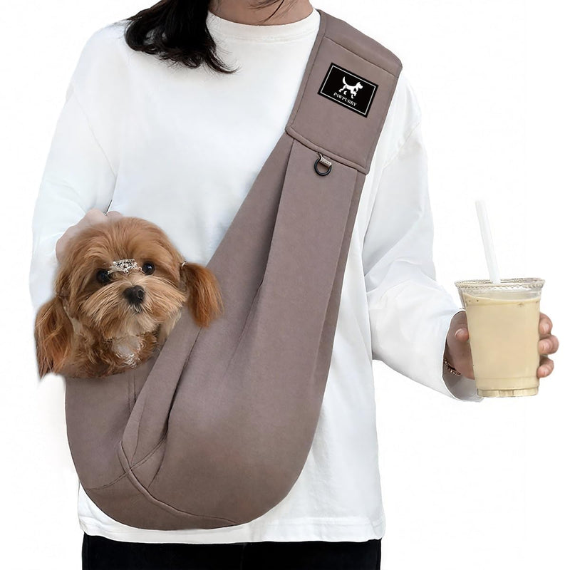 Dog Sling Carrier for Small Dogs Cats up to 15 lbs - Hands Free Puppy Carrier Bag (Plus Size L) - Ergonomic Padded Shoulder Strap & Safety Hook Based on Owner's Bust Length, Caramel L - Buckle & Adjustable Extended Strap - PawsPlanet Australia