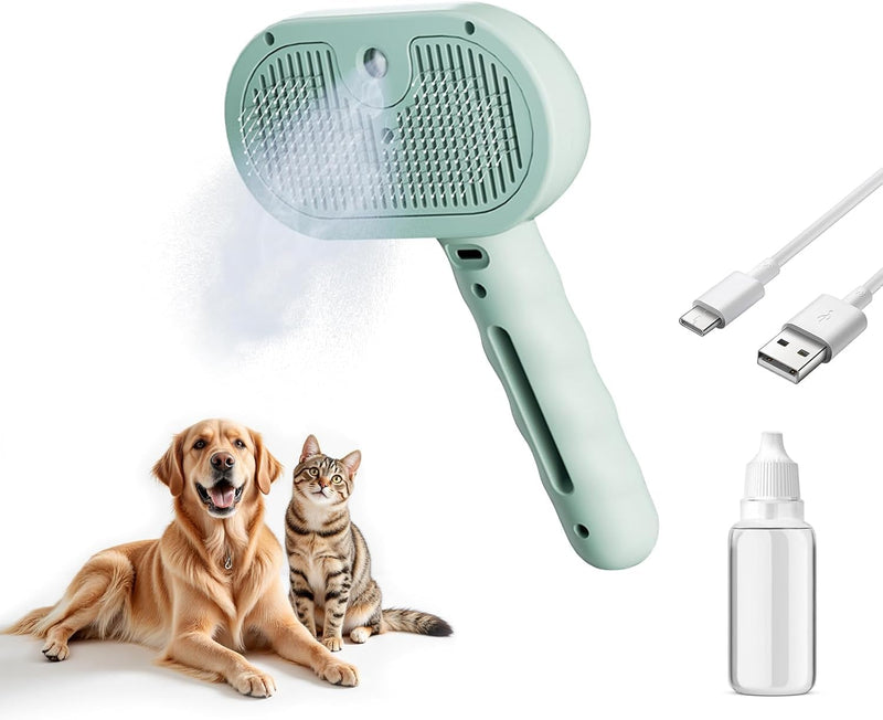 Pet Steam Brush for Dog and Cat，3 in 1 Spray Hair Removal Comb，Steam for Shedding & Grooming，Water Brush for Long and Short Haired Pets Remove Tangled Loose Hairs (Green) Green - Empty Bottle - PawsPlanet Australia