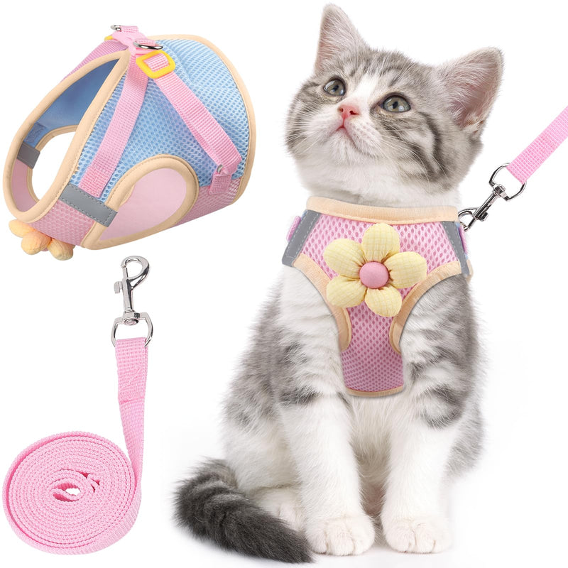 Cat Harness and Leash Set for Walking Escape Proof, Adjustable Kitten Harness Breathable Mesh with Reflective Strips Harness with Flower for Kitty Puppy Bunny Sakura pink Extra Small - PawsPlanet Australia