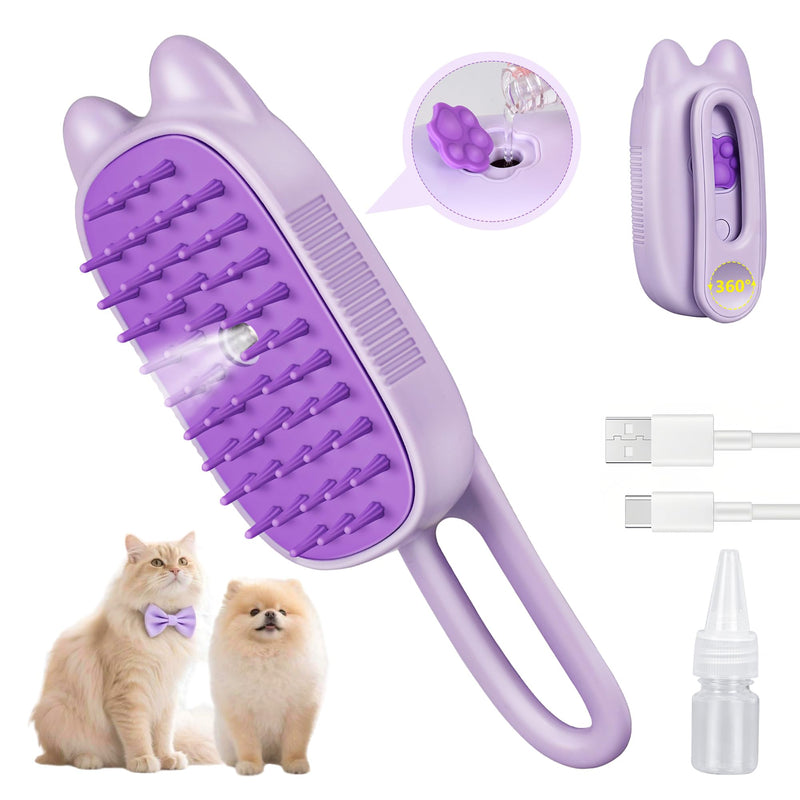 Rechargeable Cat Steam Brush with Mist Spray, 3-in-1 Pet Steam Brush for Long and Short Haired Cats and Small Dogs, Anti-Static, De-Shedding, Detangling, Massage, Purple Cat Design - PawsPlanet Australia